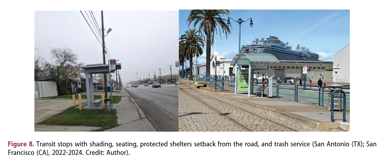 Contrasting public transit stops with different levels of shelter, seating, and separation from traffic