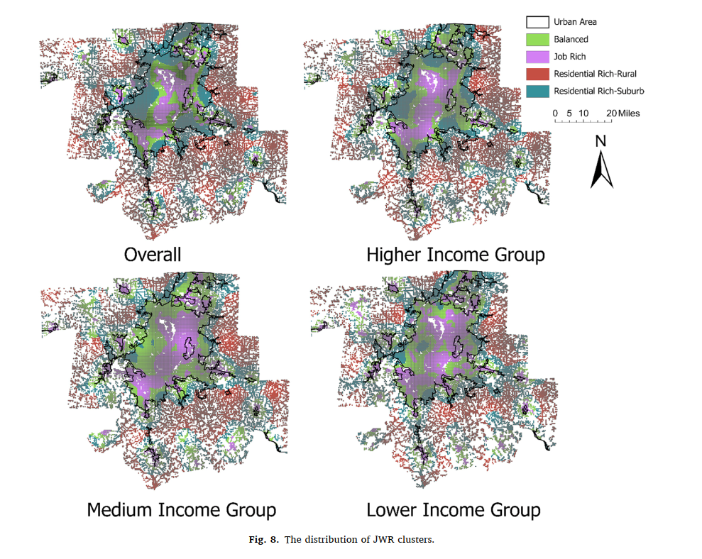 Maps of jobs-housing clusters in Cincinnati for overall and different income groups