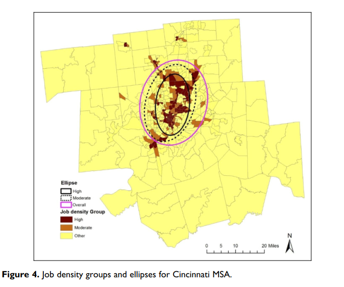 Map showing job-density groups and spatial ellipses for the Cincinnati metropolitan area